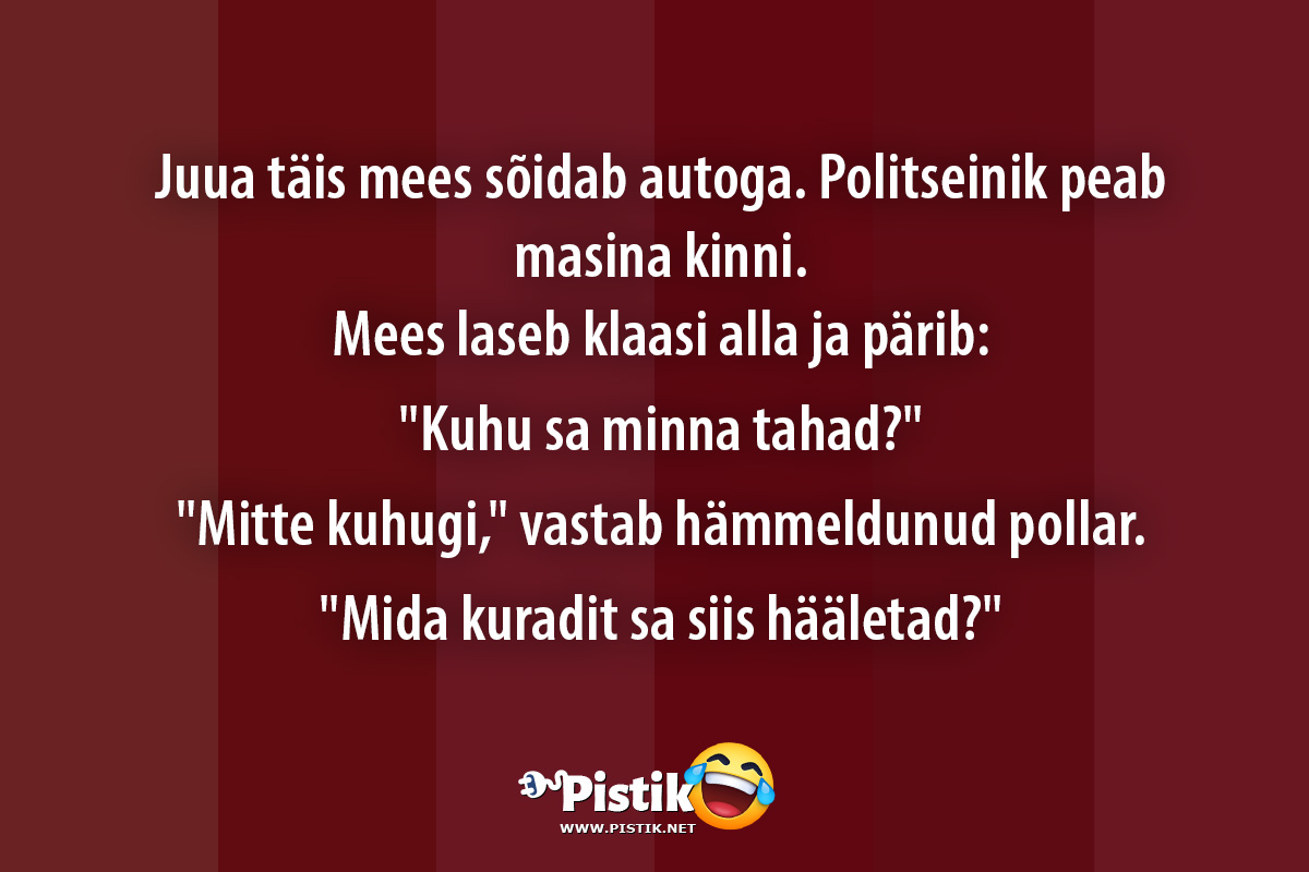 Juua täis mees sõidab autoga. Politseinik peab ma ...