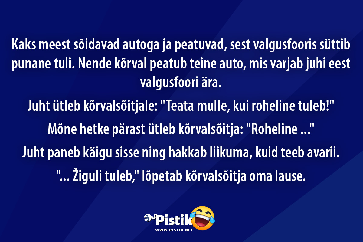 Kaks meest sõidavad autoga ja peatuvad, sest valgusfoor ...