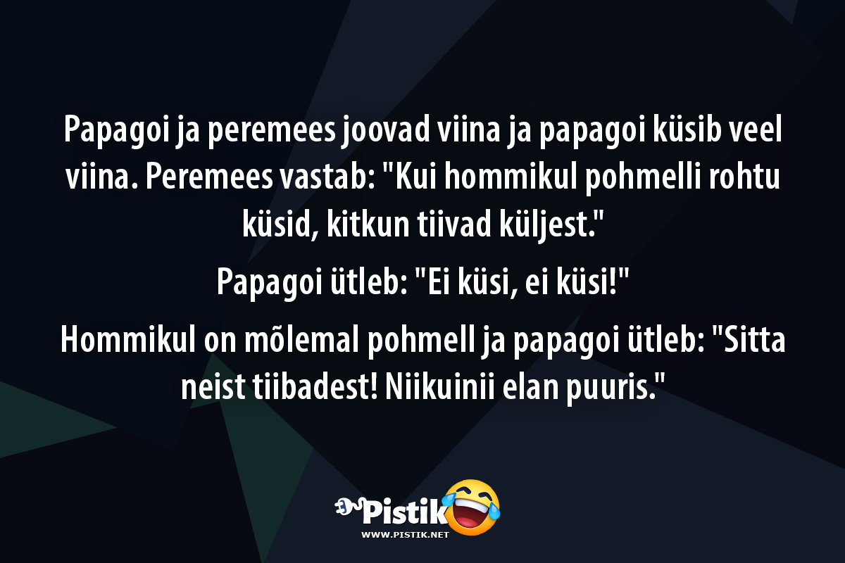 Papagoi ja peremees joovad viina ja papagoi küsib veel ...