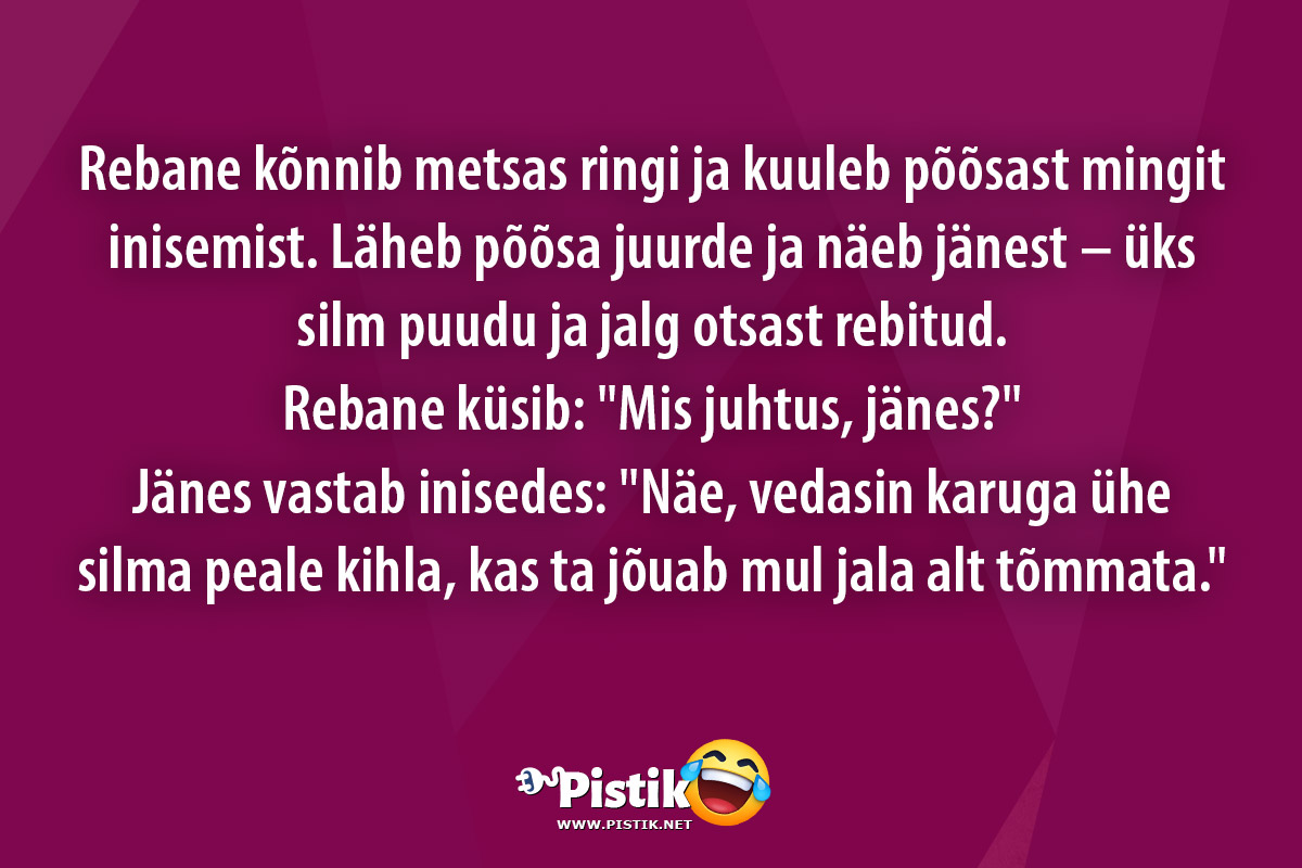 Rebane kõnnib metsas ringi ja kuuleb põõsast mingit ini ...