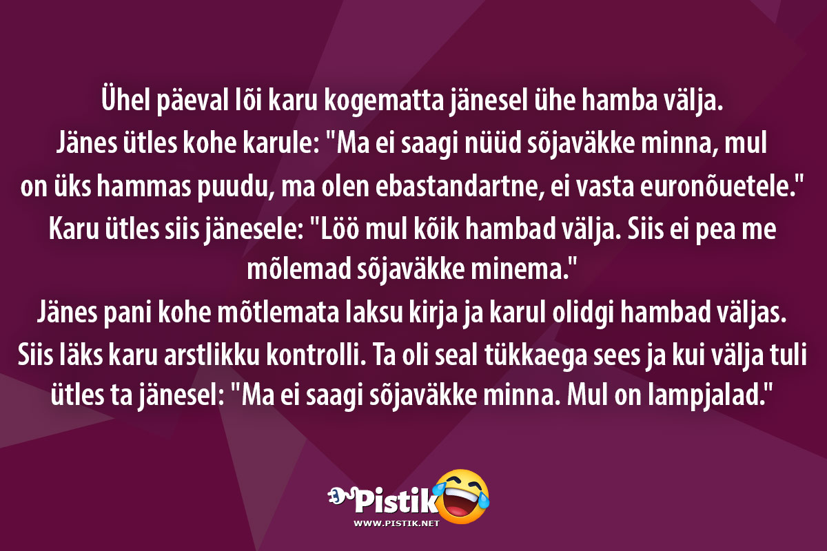 Ühel päeval lõi karu kogematta jänesel ühe hamba välja. ...