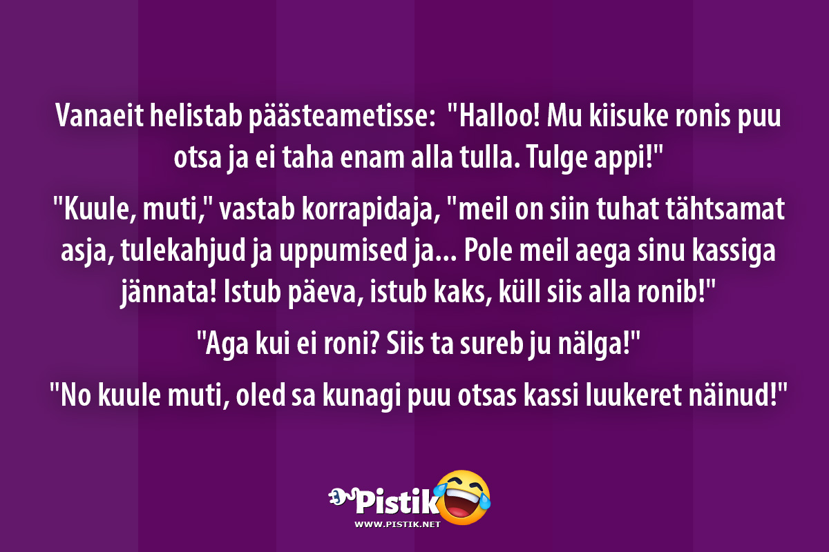 Vanaeit helistab päästeametisse: Halloo! Mu kiisuke r ...