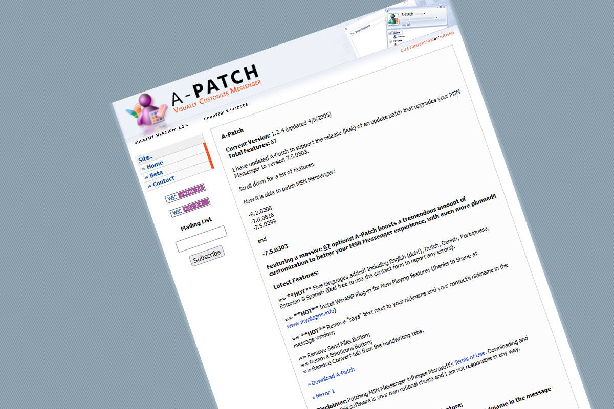 A-Patch 1.21.08 beta toetab mõlemat MSN Messenger 7.5 beta versiooni