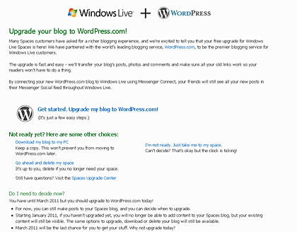 WordPress saab Windows Live Space kasutajate uueks koduks