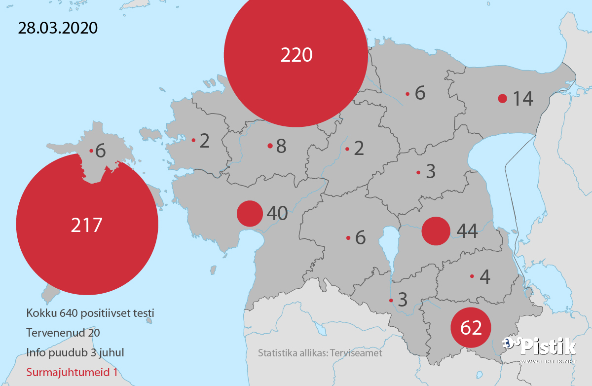 Eesti koroonaviiruse leviku kaart maakonnapõhiselt 28. märtsi seisuga