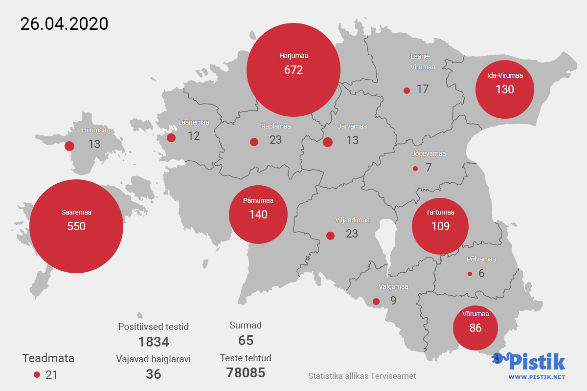 Eesti maakondade koroonakaart 26. mai seisuga