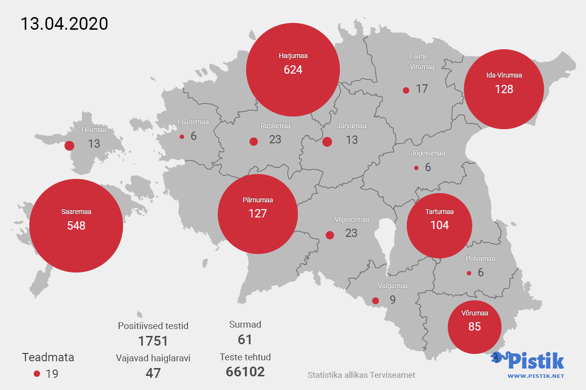 Eesti maakondade koroonaviiruse leviku statistika kaardil 13. mai seisuga