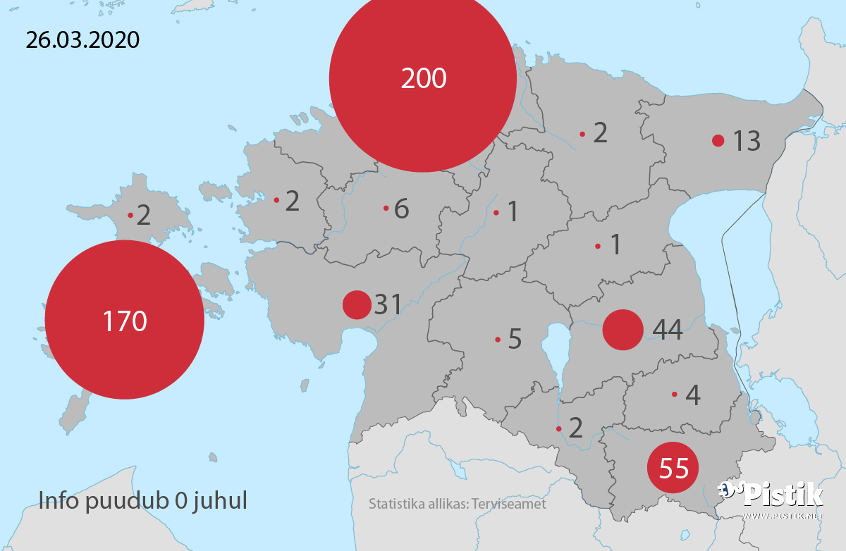 Eesti maakonnapõhise koroonaviiruse leviku kaart 26. märtsi seisuga