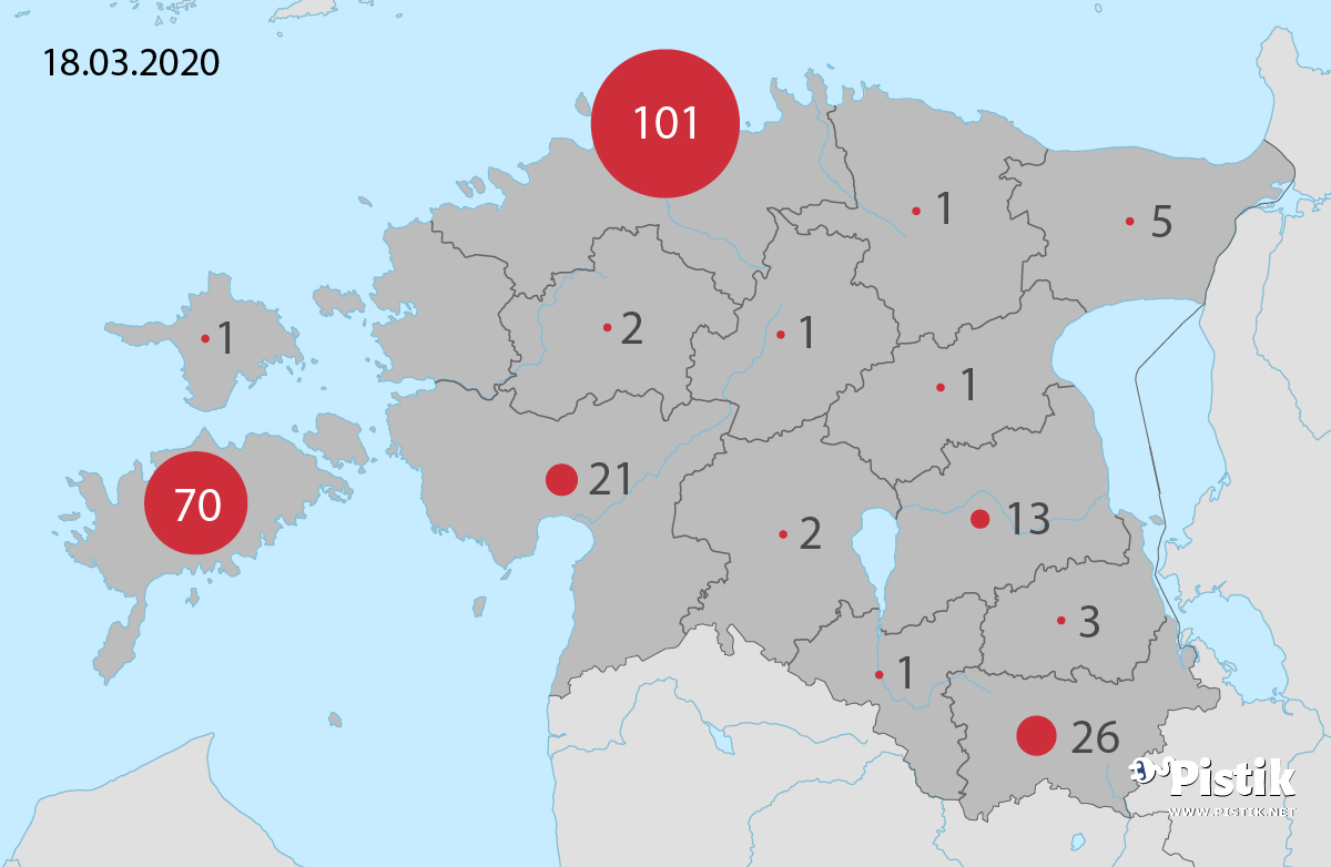 Koroonaviiruse levik Eesti kaardil 18. märts 2020