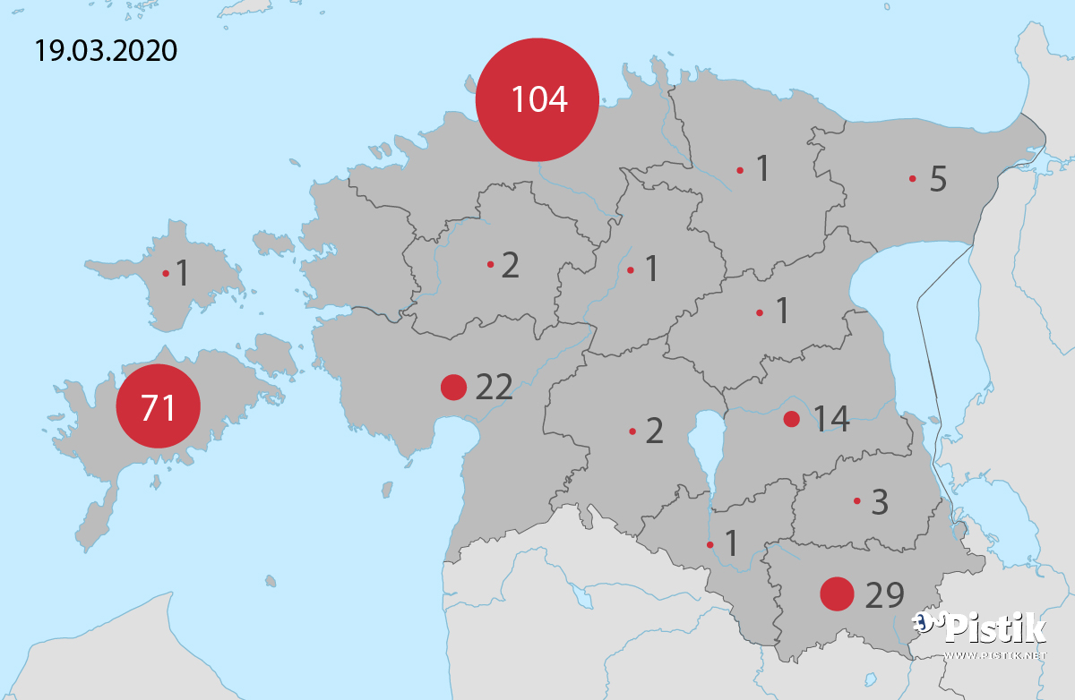 Eesti koroonaviiruse leviku kaart 19. märts 2020