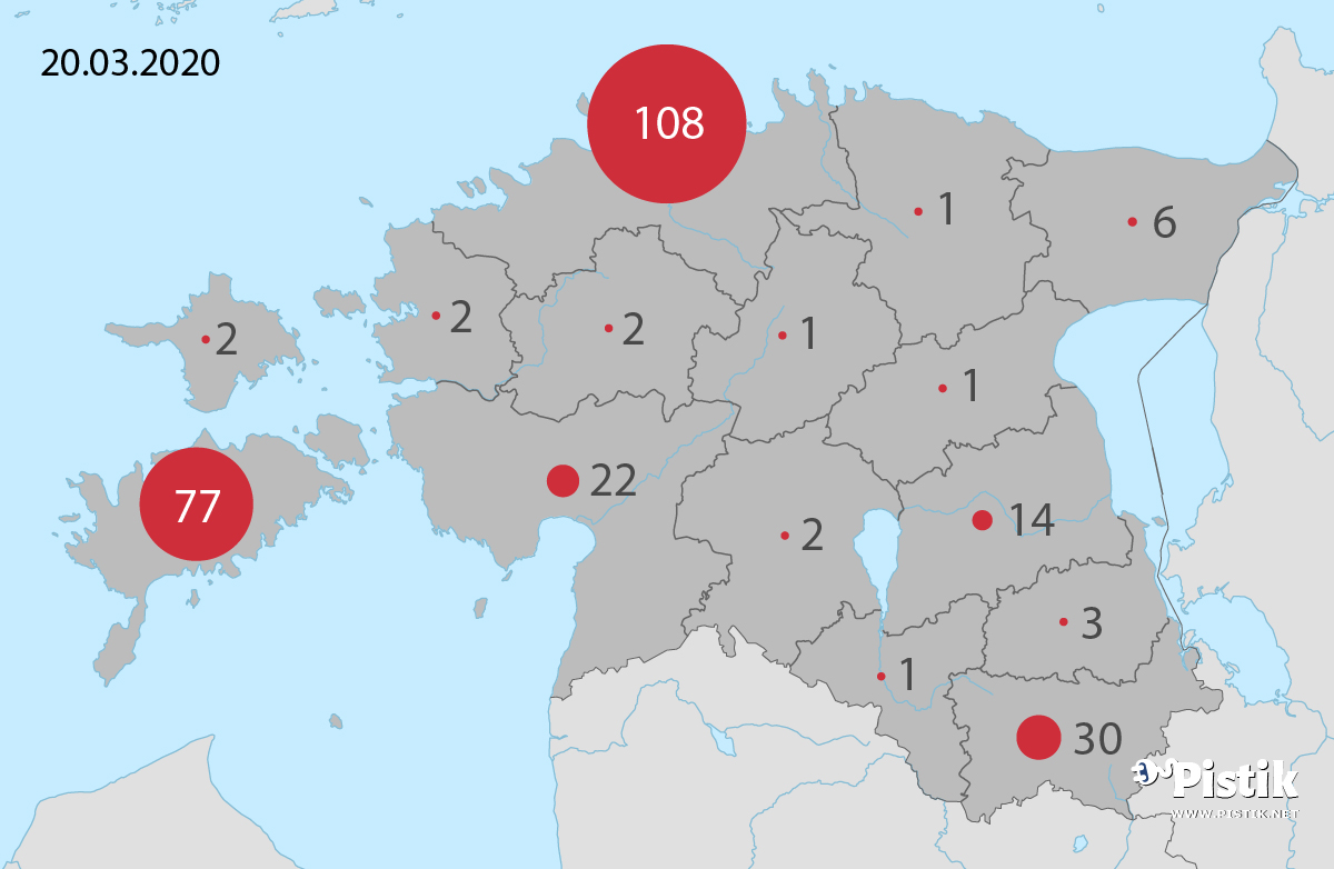 Eesti koroonaviiruse leviku ulatus kaardil 20. märts 2020