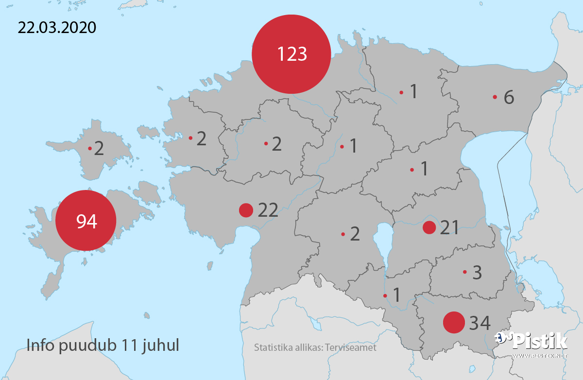 Koroonaviiruse levik Eestis maakondade kaupa 22. märts seisuga (kaart)