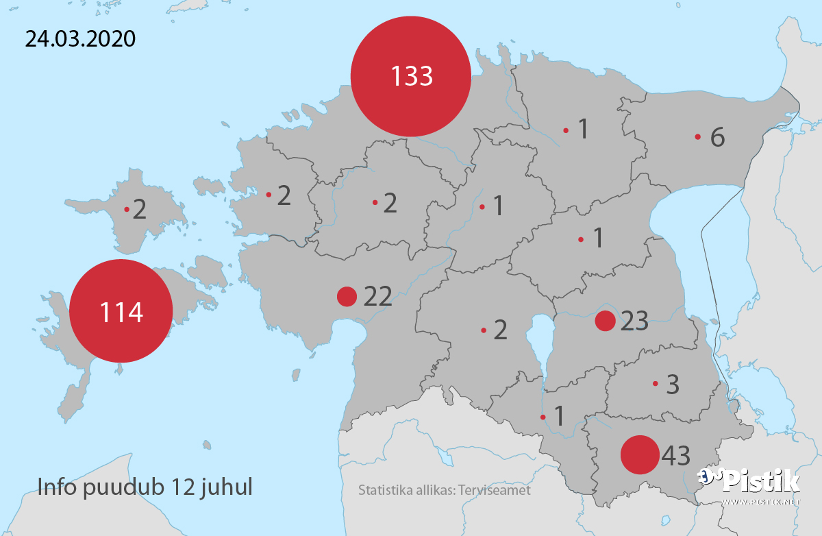 Kaart 24. märtsi seisuga koroonaviiruse leviku kohta Eestis maakonna põhiselt